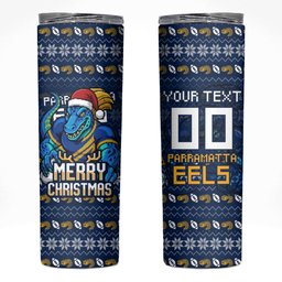 Personalized Parramatta Eels Christmas Skinny Tumbler Australian Rugby Fans - Pixelated Ugly Xmas Pattern Mascot Santa