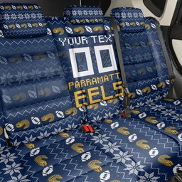 Personalized Parramatta Eels Christmas Back Car Seat Cover Australian Rugby Fans - Pixelated Ugly Xmas Pattern Mascot Santa