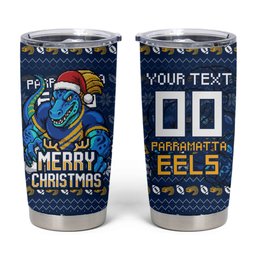 Personalized Parramatta Eels Christmas Tumbler Cup Australian Rugby Fans - Pixelated Ugly Xmas Pattern Mascot Santa