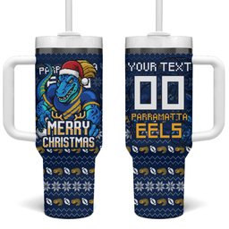 Personalized Parramatta Eels Christmas Tumbler With Handle Australian Rugby Fans - Pixelated Ugly Xmas Pattern Mascot Santa