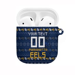 Personalized Parramatta Eels Christmas AirPods Case Australian Rugby Fans - Pixelated Ugly Xmas Pattern Mascot Santa