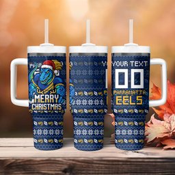 Personalized Parramatta Eels Christmas Tumbler With Handle Australian Rugby Fans - Pixelated Ugly Xmas Pattern Mascot Santa