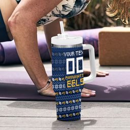 Personalized Parramatta Eels Christmas Tumbler With Handle Australian Rugby Fans - Pixelated Ugly Xmas Pattern Mascot Santa
