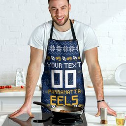 Personalized Parramatta Eels Christmas Apron Australian Rugby Fans - Pixelated Ugly Xmas Pattern Mascot Santa