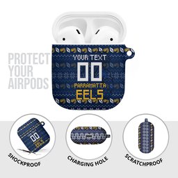 Personalized Parramatta Eels Christmas AirPods Case Australian Rugby Fans - Pixelated Ugly Xmas Pattern Mascot Santa