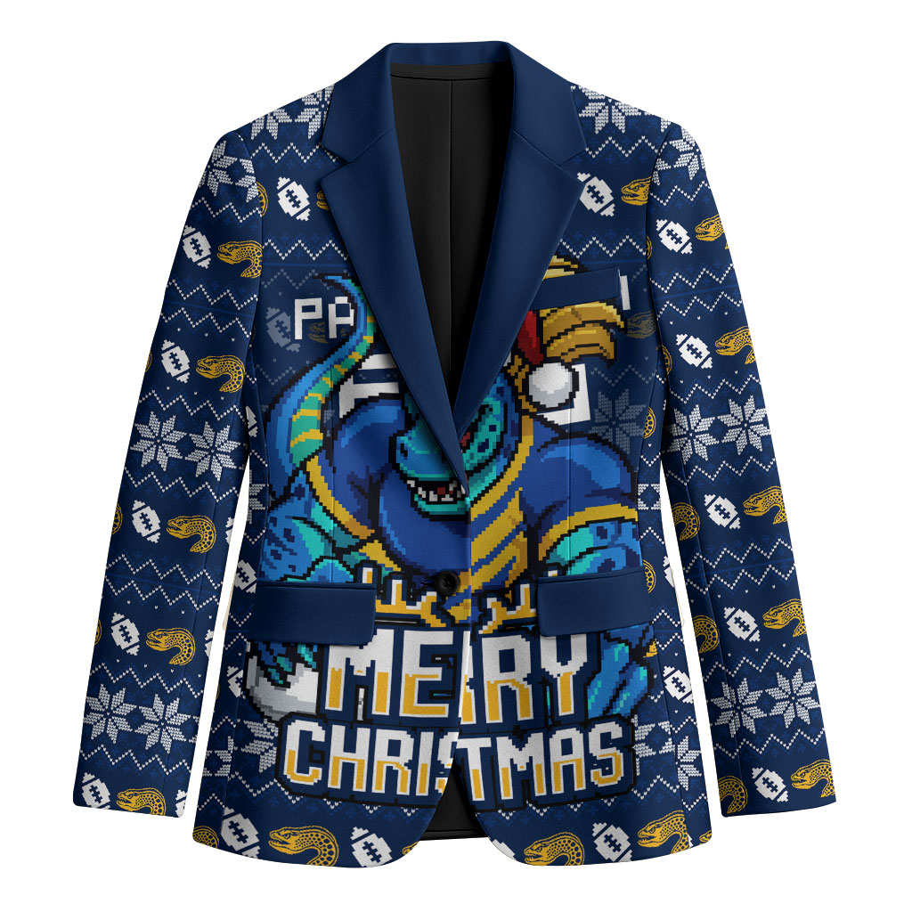 Personalized Parramatta Eels Christmas Blazer Australian Rugby Fans - Pixelated Ugly Xmas Pattern Mascot Santa