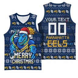 Personalized Parramatta Eels Christmas Basketball Jersey Australian Rugby Fans - Pixelated Ugly Xmas Pattern Mascot Santa