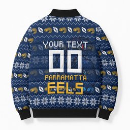 Personalized Parramatta Eels Christmas Bomber Puffer Jacket Australian Rugby Fans - Pixelated Ugly Xmas Pattern Mascot Santa