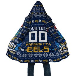 Personalized Parramatta Eels Christmas Cloak Australian Rugby Fans - Pixelated Ugly Xmas Pattern Mascot Santa
