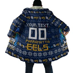 Personalized Parramatta Eels Christmas Cloak Australian Rugby Fans - Pixelated Ugly Xmas Pattern Mascot Santa