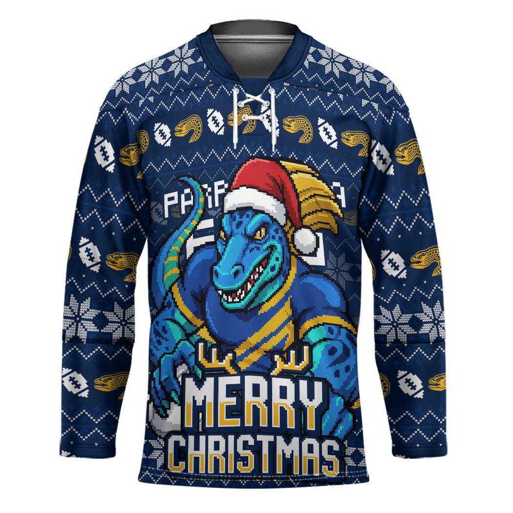 Personalized Parramatta Eels Christmas Hockey Jersey Australian Rugby Fans - Pixelated Ugly Xmas Pattern Mascot Santa
