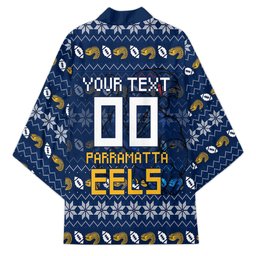 Personalized Parramatta Eels Christmas Kimono Australian Rugby Fans - Pixelated Ugly Xmas Pattern Mascot Santa
