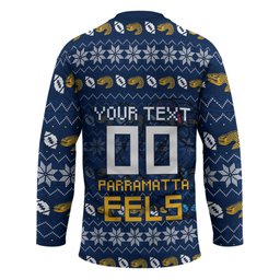 Personalized Parramatta Eels Christmas Hockey Jersey Australian Rugby Fans - Pixelated Ugly Xmas Pattern Mascot Santa
