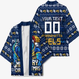 Personalized Parramatta Eels Christmas Kimono Australian Rugby Fans - Pixelated Ugly Xmas Pattern Mascot Santa