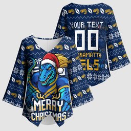 Personalized Parramatta Eels Christmas Kimono Sleeve Blouse Australian Rugby Fans - Pixelated Ugly Xmas Pattern Mascot Santa