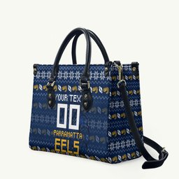 Personalized Parramatta Eels Christmas Leather Bag Australian Rugby Fans - Pixelated Ugly Xmas Pattern Mascot Santa