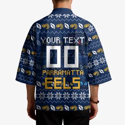 Personalized Parramatta Eels Christmas Kimono Australian Rugby Fans - Pixelated Ugly Xmas Pattern Mascot Santa