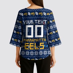 Personalized Parramatta Eels Christmas Kimono Sleeve Blouse Australian Rugby Fans - Pixelated Ugly Xmas Pattern Mascot Santa