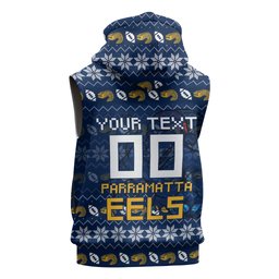 Personalized Parramatta Eels Christmas Sleeveless Hoodie Australian Rugby Fans - Pixelated Ugly Xmas Pattern Mascot Santa