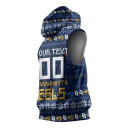 Personalized Parramatta Eels Christmas Sleeveless Hoodie Australian Rugby Fans - Pixelated Ugly Xmas Pattern Mascot Santa