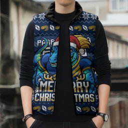 Personalized Parramatta Eels Christmas Sleeveless Puffer Jacket Australian Rugby Fans - Pixelated Ugly Xmas Pattern Mascot Santa