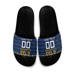 Personalized Parramatta Eels Christmas Slide Sandals Australian Rugby Fans - Pixelated Ugly Xmas Pattern Mascot Santa