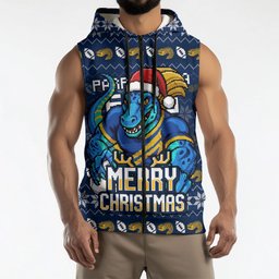Personalized Parramatta Eels Christmas Sleeveless Zip Hoodie Australian Rugby Fans - Pixelated Ugly Xmas Pattern Mascot Santa