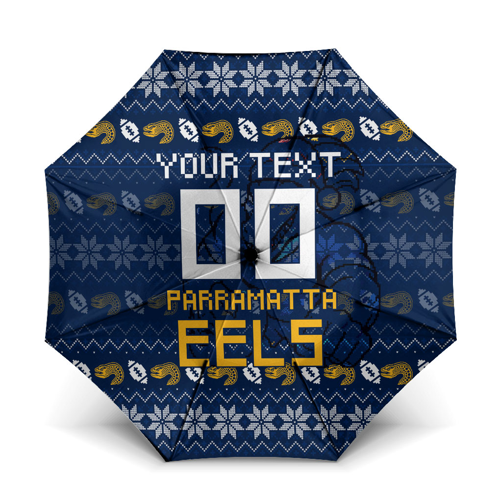 Personalized Parramatta Eels Christmas Umbrella Australian Rugby Fans - Pixelated Ugly Xmas Pattern Mascot Santa