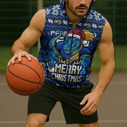 Personalized Parramatta Eels Christmas Sleeveless Zip Hoodie Australian Rugby Fans - Pixelated Ugly Xmas Pattern Mascot Santa