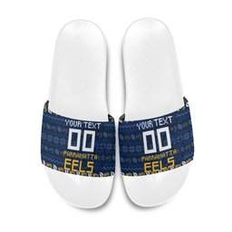 Personalized Parramatta Eels Christmas Slide Sandals Australian Rugby Fans - Pixelated Ugly Xmas Pattern Mascot Santa