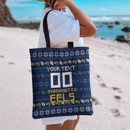 Personalized Parramatta Eels Christmas Tote Bag Australian Rugby Fans - Pixelated Ugly Xmas Pattern Mascot Santa