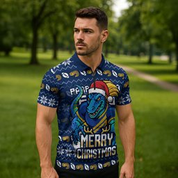 Personalized Parramatta Eels Christmas Zipper Polo Shirt Australian Rugby Fans - Pixelated Ugly Xmas Pattern Mascot Santa