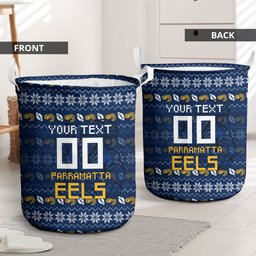 Personalized Parramatta Eels Christmas Laundry Basket Australian Rugby Fans - Pixelated Ugly Xmas Pattern Mascot Santa