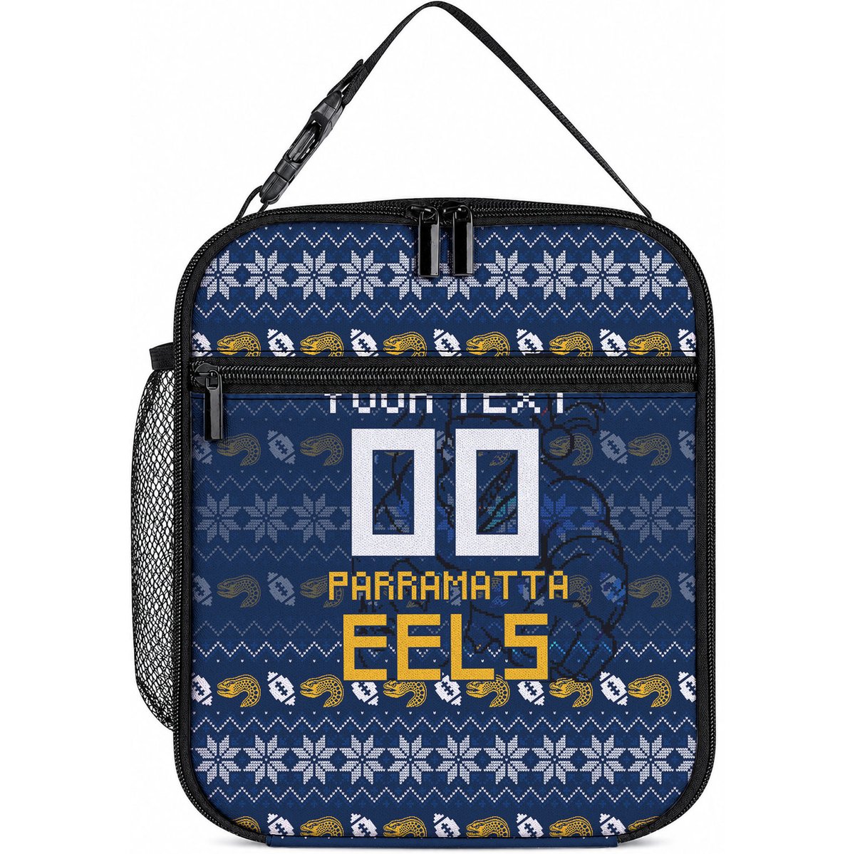 Personalized Parramatta Eels Christmas Lunch Bag Australian Rugby Fans - Pixelated Ugly Xmas Pattern Mascot Santa