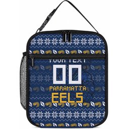 Personalized Parramatta Eels Christmas Lunch Bag Australian Rugby Fans - Pixelated Ugly Xmas Pattern Mascot Santa