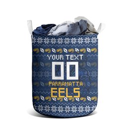 Personalized Parramatta Eels Christmas Laundry Basket Australian Rugby Fans - Pixelated Ugly Xmas Pattern Mascot Santa