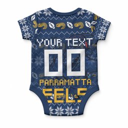 Personalized Parramatta Eels Christmas Baby Onesie Australian Rugby Fans - Pixelated Ugly Xmas Pattern Mascot Santa