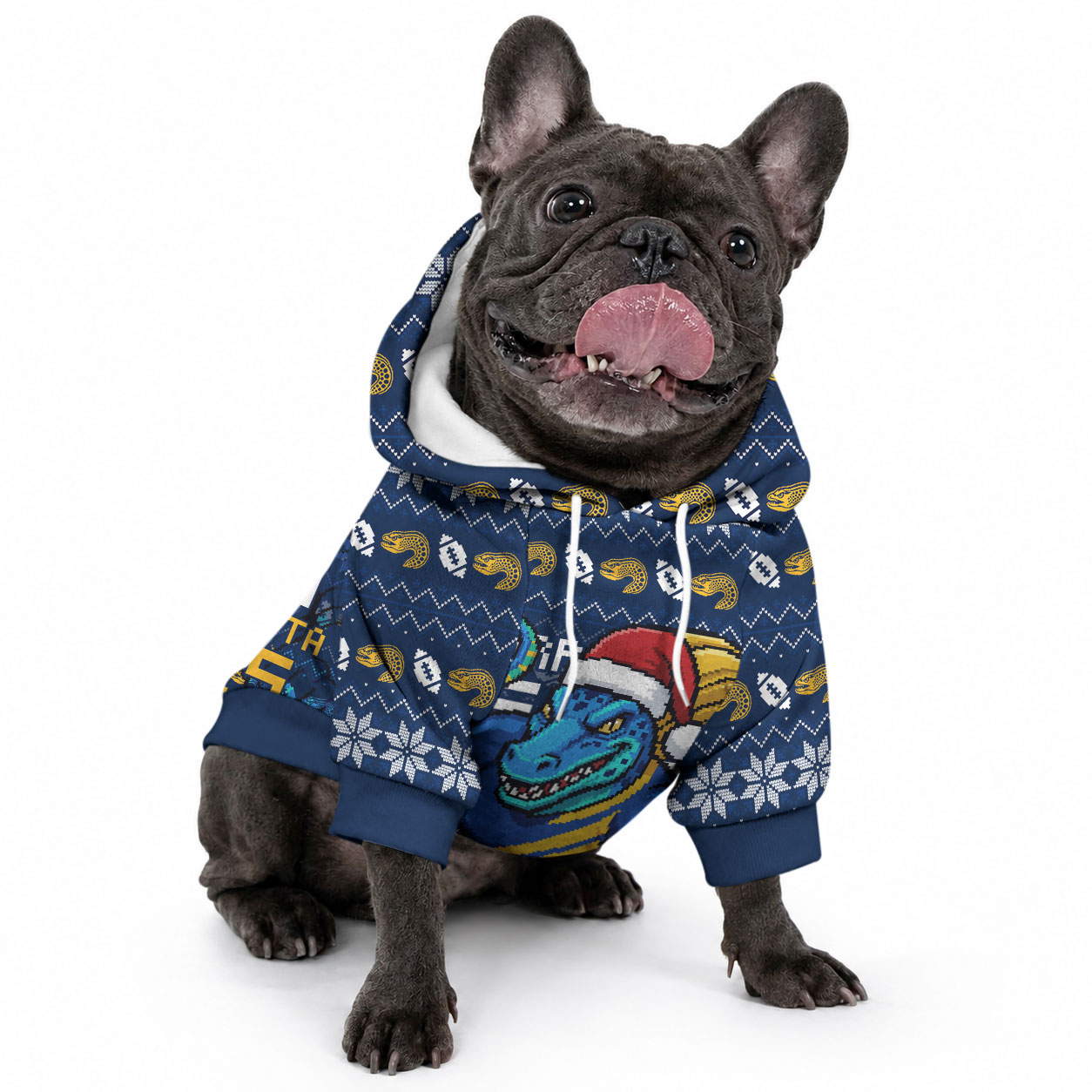 Personalized Parramatta Eels Christmas Pet Hoodie Australian Rugby Fans - Pixelated Ugly Xmas Pattern Mascot Santa