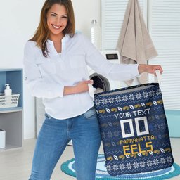 Personalized Parramatta Eels Christmas Laundry Basket Australian Rugby Fans - Pixelated Ugly Xmas Pattern Mascot Santa