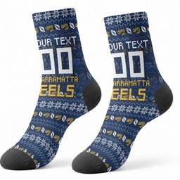 Personalized Parramatta Eels Christmas Crew Socks Australian Rugby Fans - Pixelated Ugly Xmas Pattern Mascot Santa