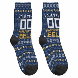 Personalized Parramatta Eels Christmas Crew Socks Australian Rugby Fans - Pixelated Ugly Xmas Pattern Mascot Santa