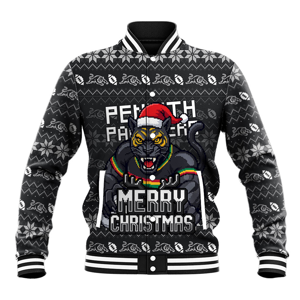 Personalized Penrith Panthers Christmas Baseball Jacket Australian Rugby Fans - Pixelated Ugly Xmas Pattern Mascot Santa