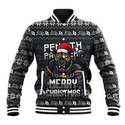 Personalized Penrith Panthers Christmas Baseball Jacket Australian Rugby Fans - Pixelated Ugly Xmas Pattern Mascot Santa