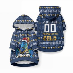 Personalized Parramatta Eels Christmas Pet Hoodie Australian Rugby Fans - Pixelated Ugly Xmas Pattern Mascot Santa