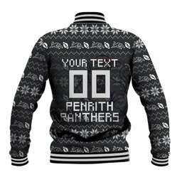 Personalized Penrith Panthers Christmas Baseball Jacket Australian Rugby Fans - Pixelated Ugly Xmas Pattern Mascot Santa