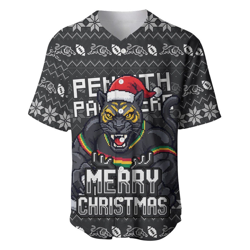 Personalized Penrith Panthers Christmas Baseball Jersey Australian Rugby Fans - Pixelated Ugly Xmas Pattern Mascot Santa