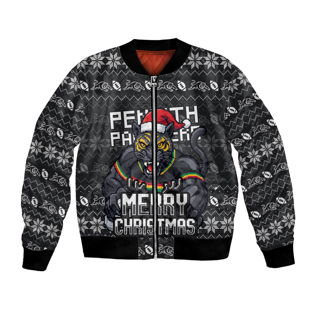 Personalized Penrith Panthers Christmas Bomber Jacket Australian Rugby Fans - Pixelated Ugly Xmas Pattern Mascot Santa