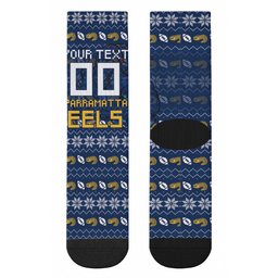 Personalized Parramatta Eels Christmas Crew Socks Australian Rugby Fans - Pixelated Ugly Xmas Pattern Mascot Santa