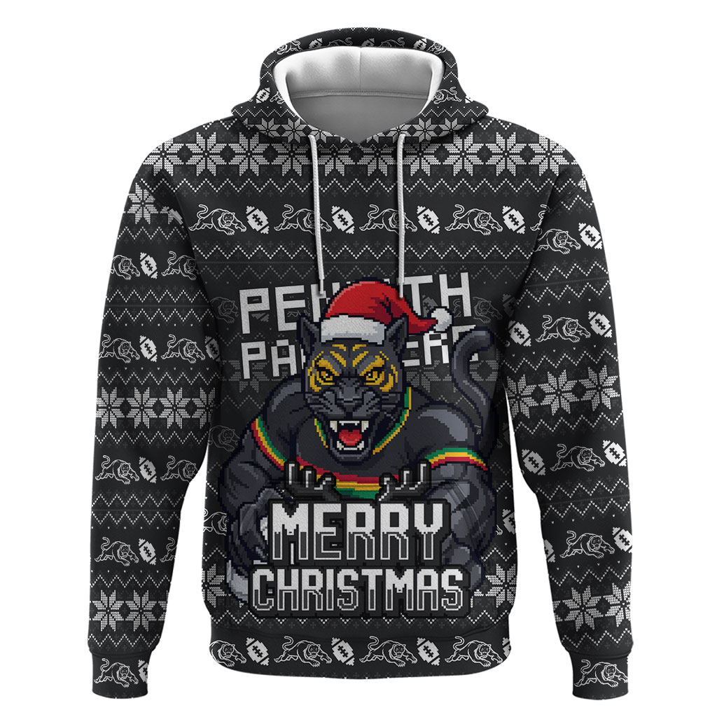 Personalized Penrith Panthers Christmas Hoodie Australian Rugby Fans - Pixelated Ugly Xmas Pattern Mascot Santa