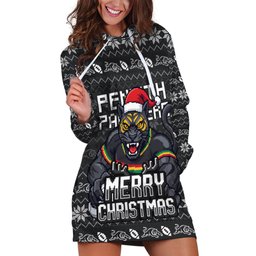 Personalized Penrith Panthers Christmas Hoodie Dress Australian Rugby Fans - Pixelated Ugly Xmas Pattern Mascot Santa